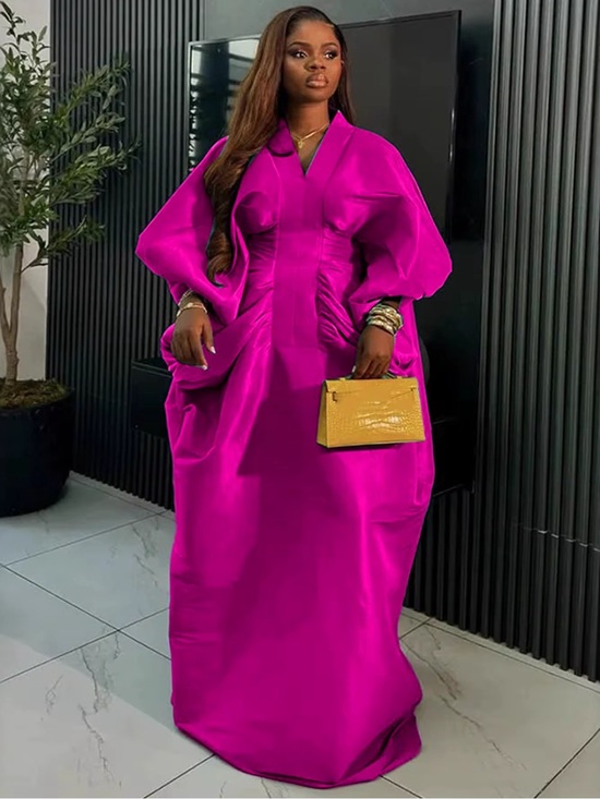 None Dresses & Skirts - Fuchsia V-Neck Balloon-Sleeve Maxi Dress